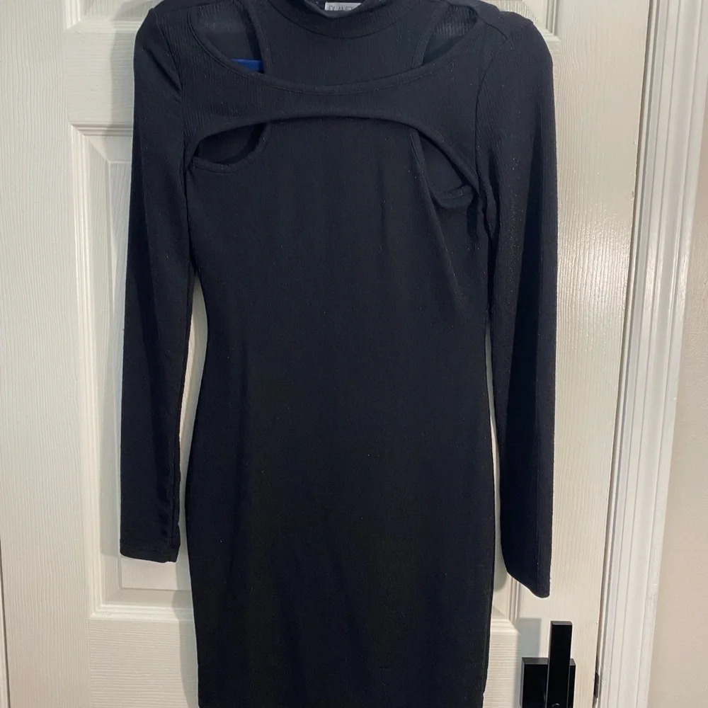 Planet Gold Black Cut Out Bodycon Dress M NWT Long Sleeve Mock Neck - Picture 3 of 8